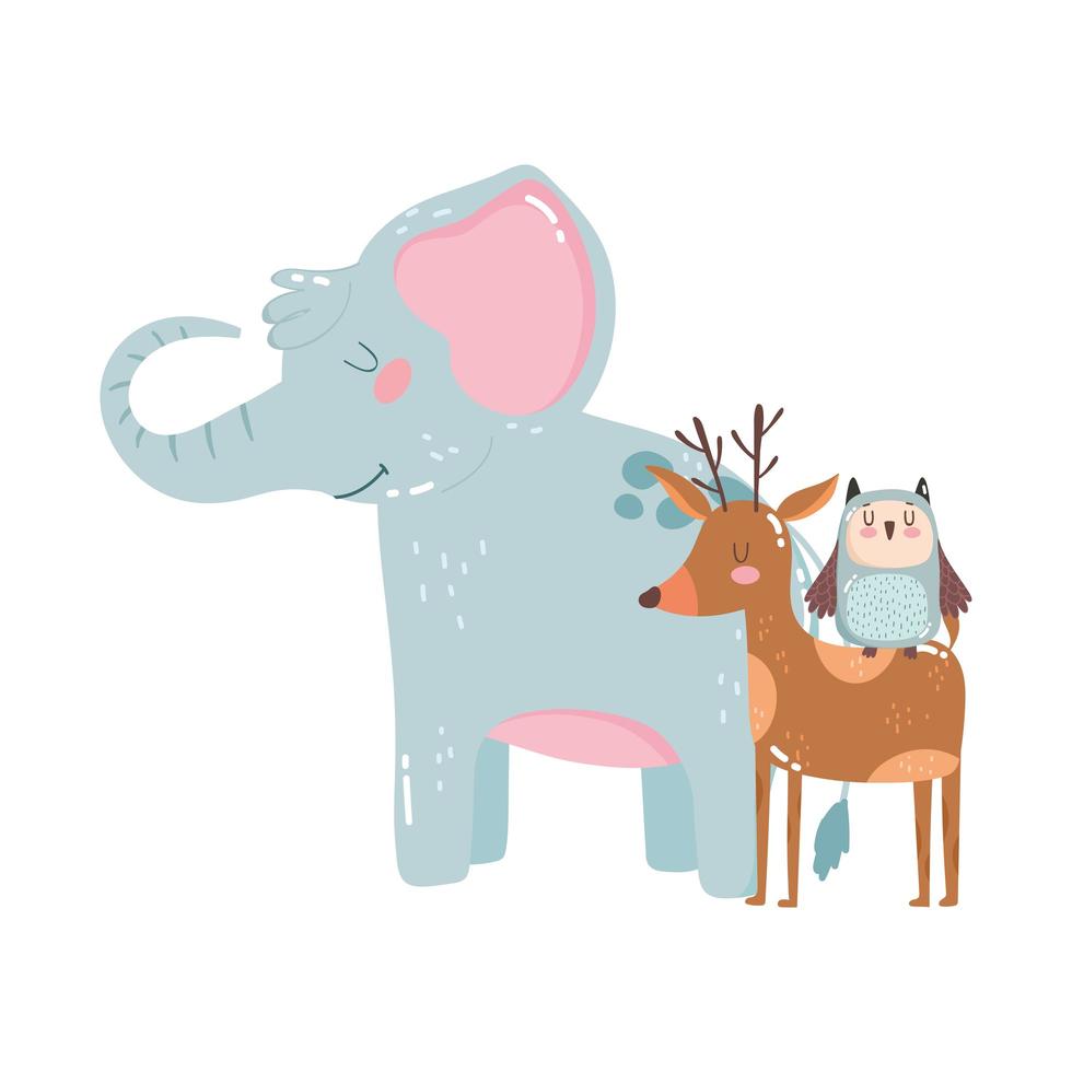simpatici animali elefante cervo e gufo natura selvaggia cartone animato vettore