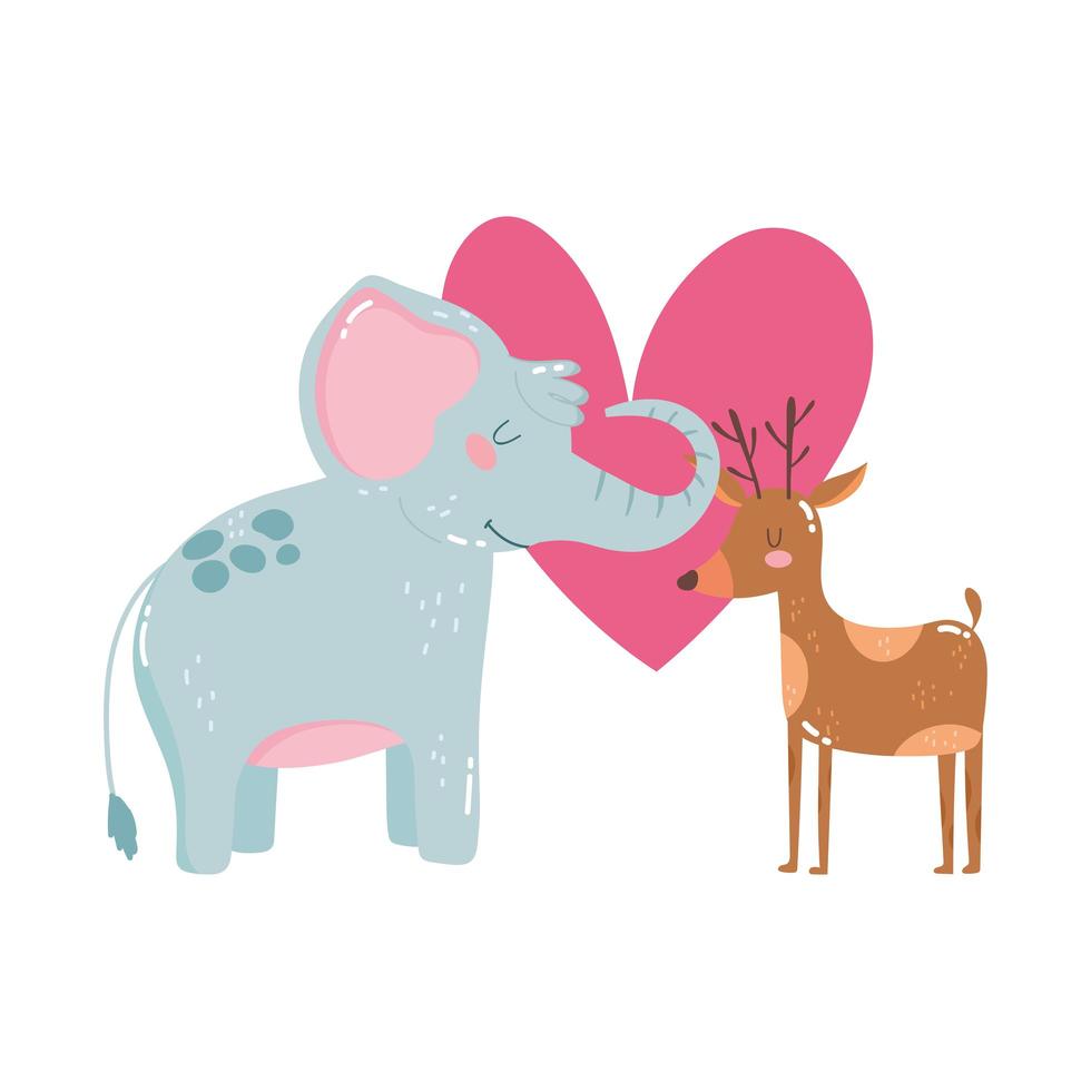simpatici animali elefanti e renne cuori adorano adorabili cartoni animati selvaggi vettore
