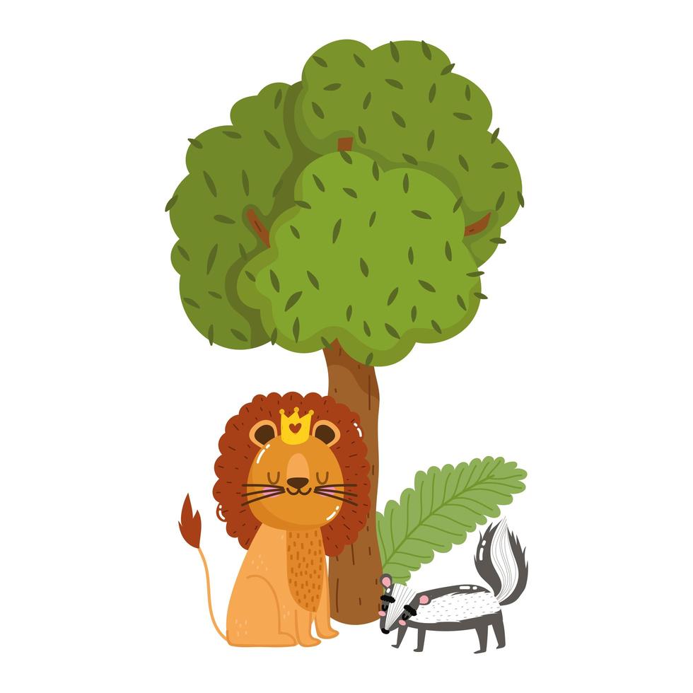simpatici animali leone e puzzola foresta albero natura selvaggia cartone animato vettore