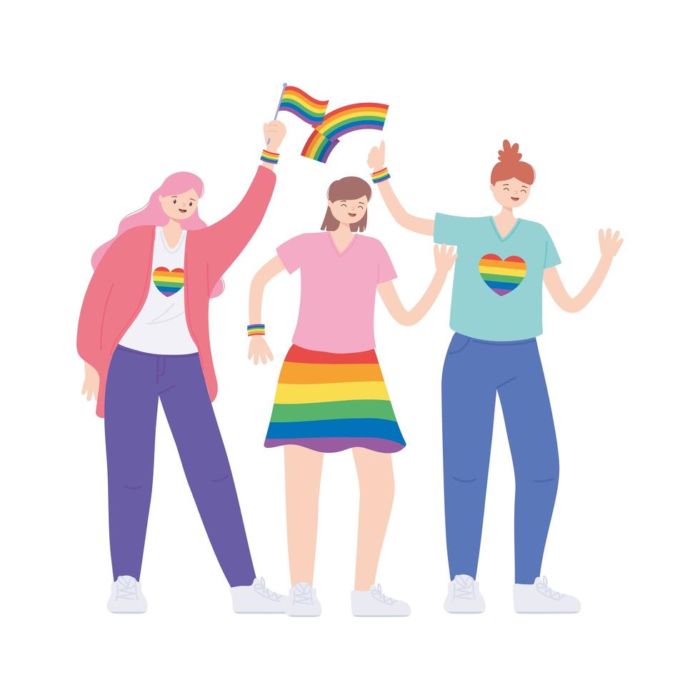 comunità lgbtq, giovani donne con bandiera arcobaleno, parata gay protesta contro la discriminazione sessuale vettore