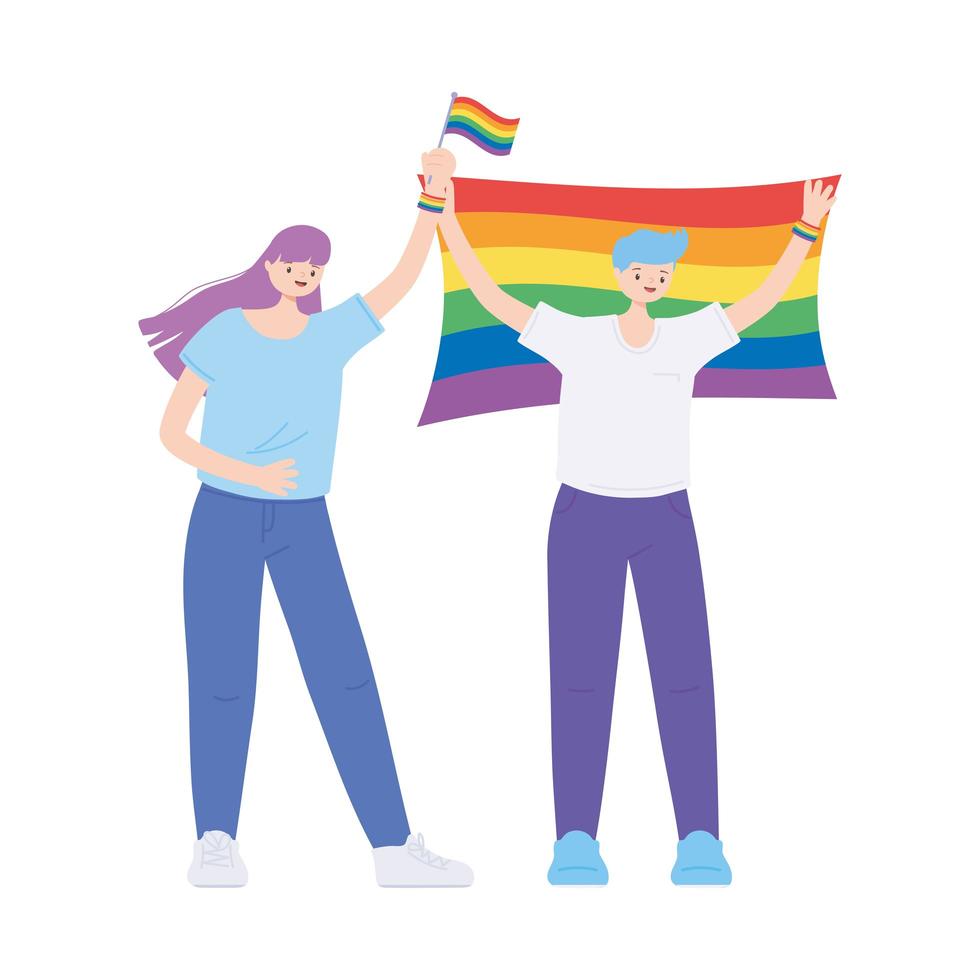 le persone in possesso di bandiere lgbtq sostengono la comunità, la parata gay protesta contro la discriminazione sessuale vettore