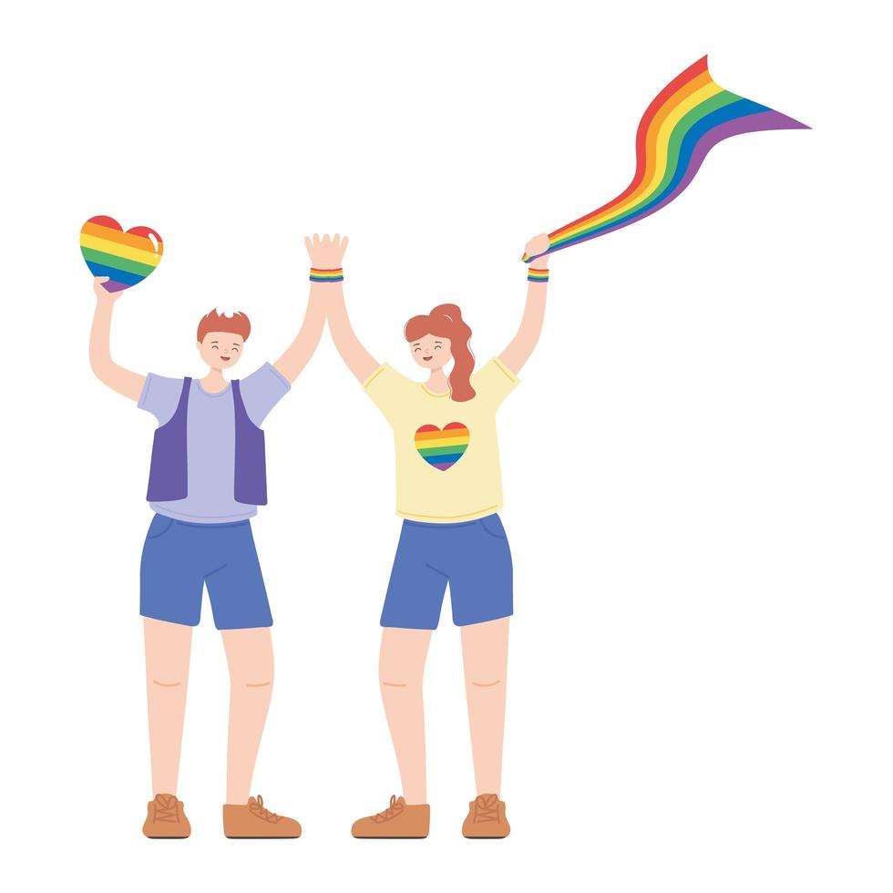 comunità lgbtq, uomo e donna felici con bandiera arcobaleno e cuore, protesta contro la discriminazione sessuale da parata gay vettore