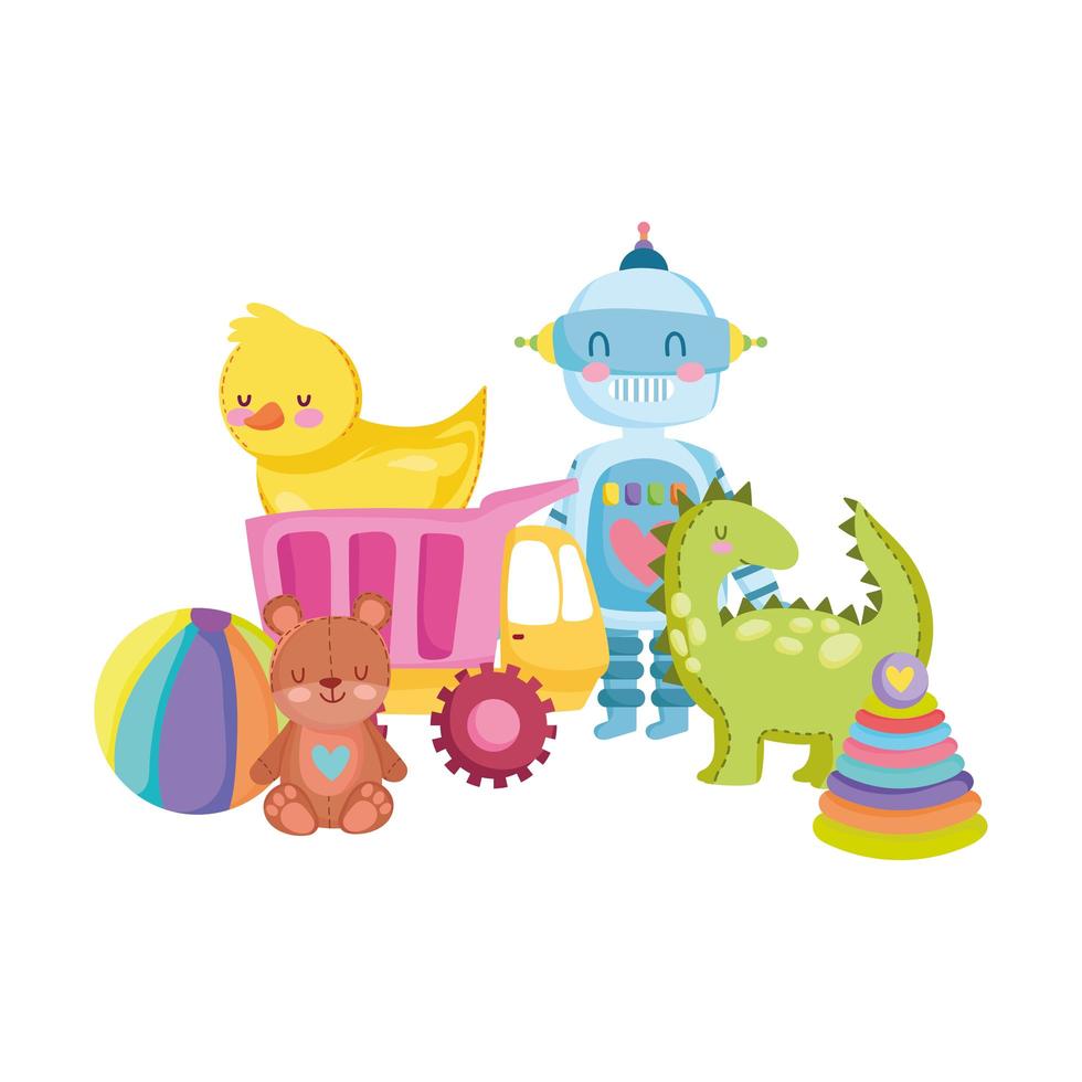 giocattoli oggetto per i bambini piccoli a giocare cartone animato anatra robot dinosauro bunny palla sonaglio tamburo e orso vettore