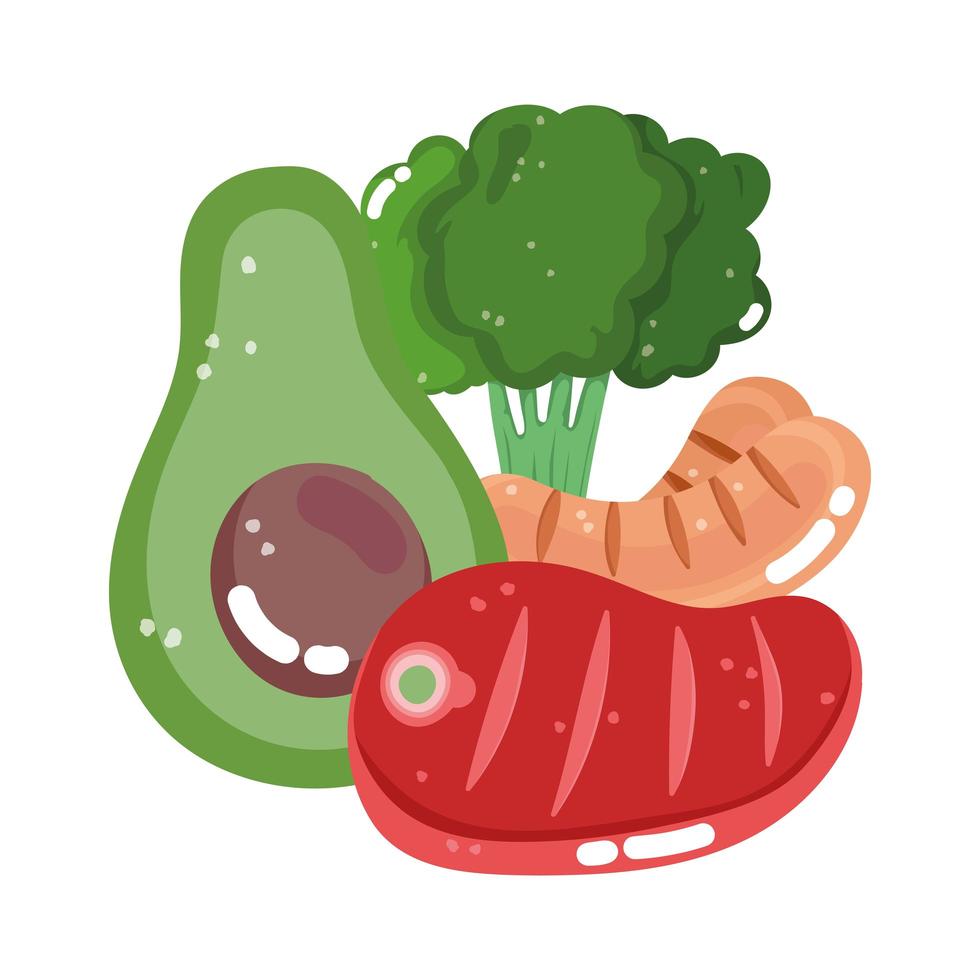 cibo verdura menu fresco dieta ingrediente fetta avocado salsiccia broccoli e carne vettore