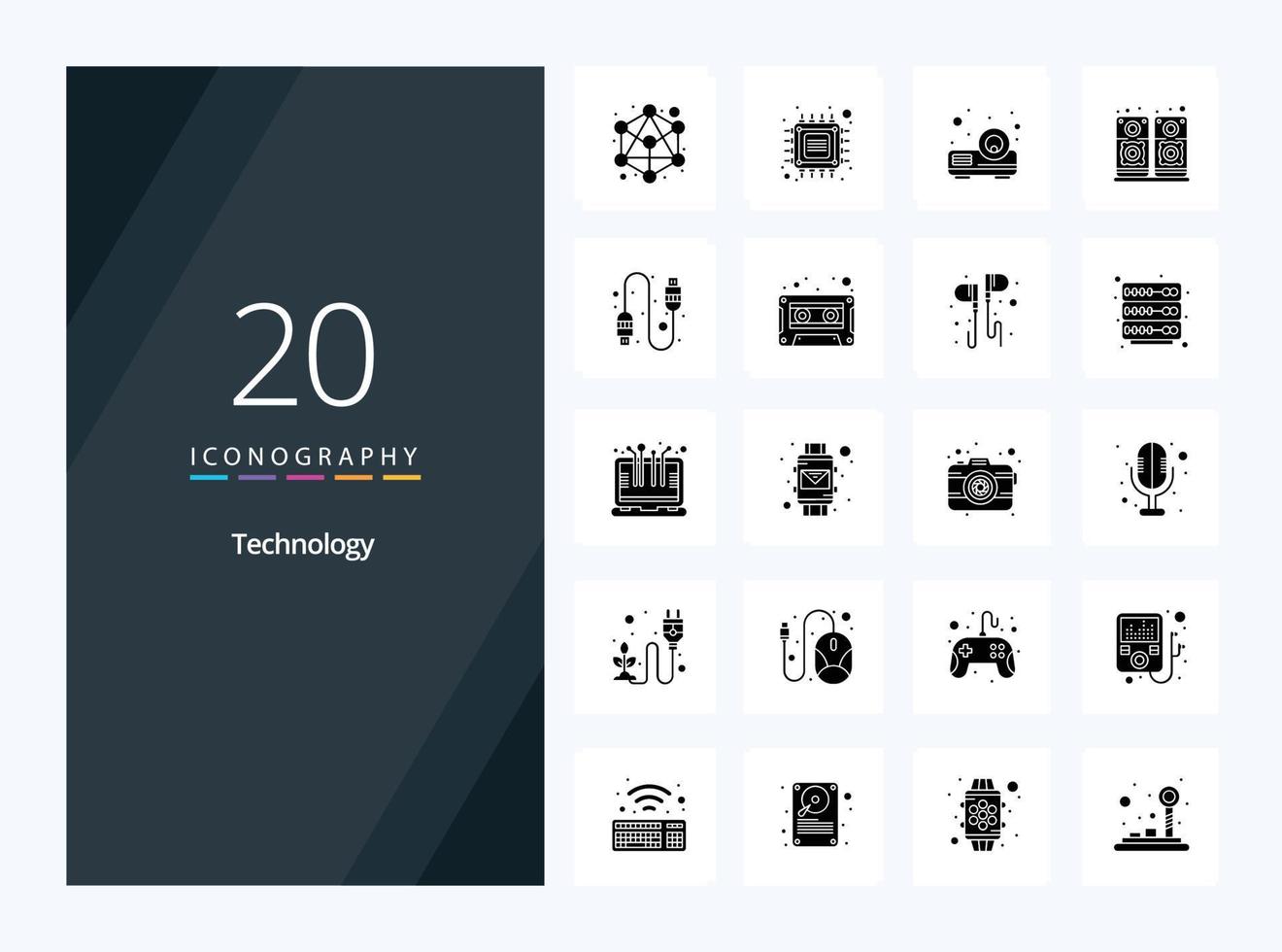 20 tecnologia solido glifo icona per presentazione vettore