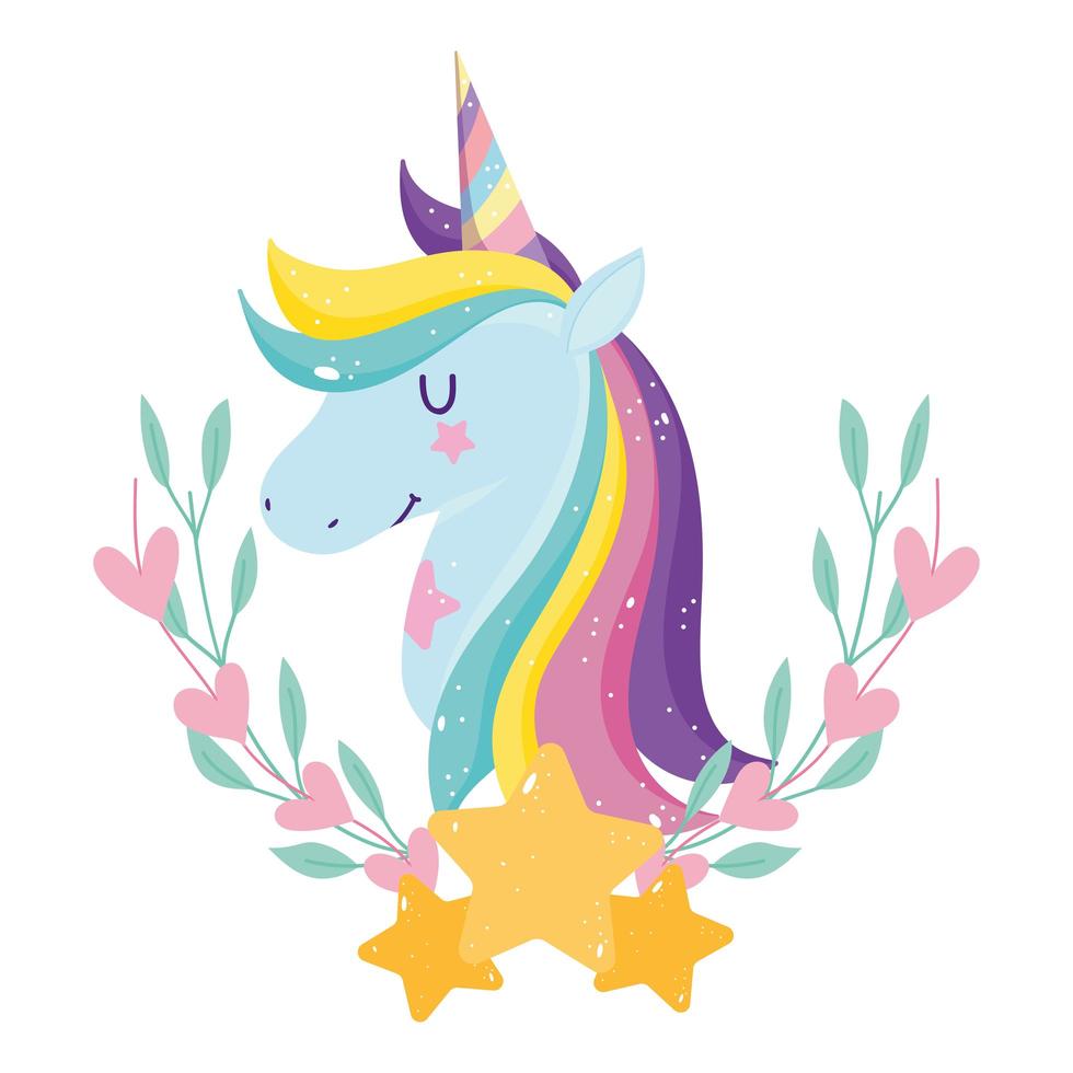 unicorno con capelli arcobaleno fiori decorazione stelle fantasia cartone animato vettore