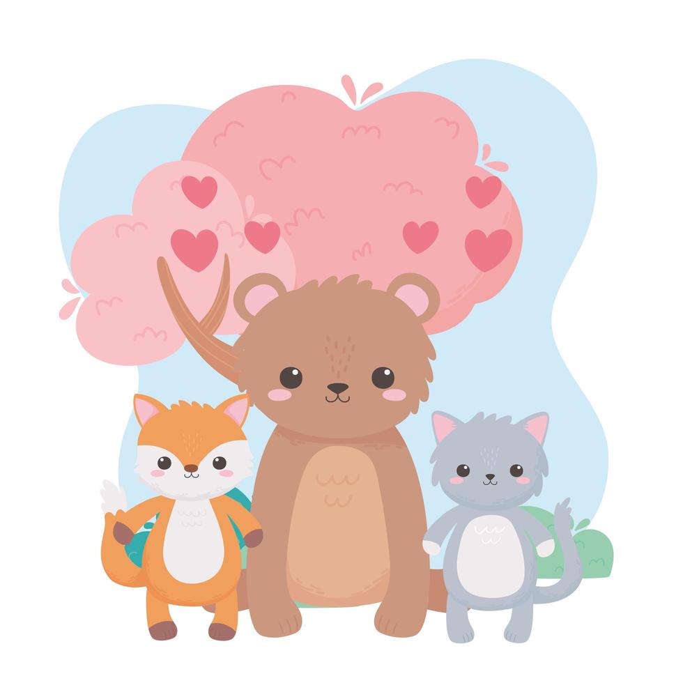 simpatico orso gatto volpe albero cuori adorabili animali dei cartoni animati in un paesaggio naturale vettore