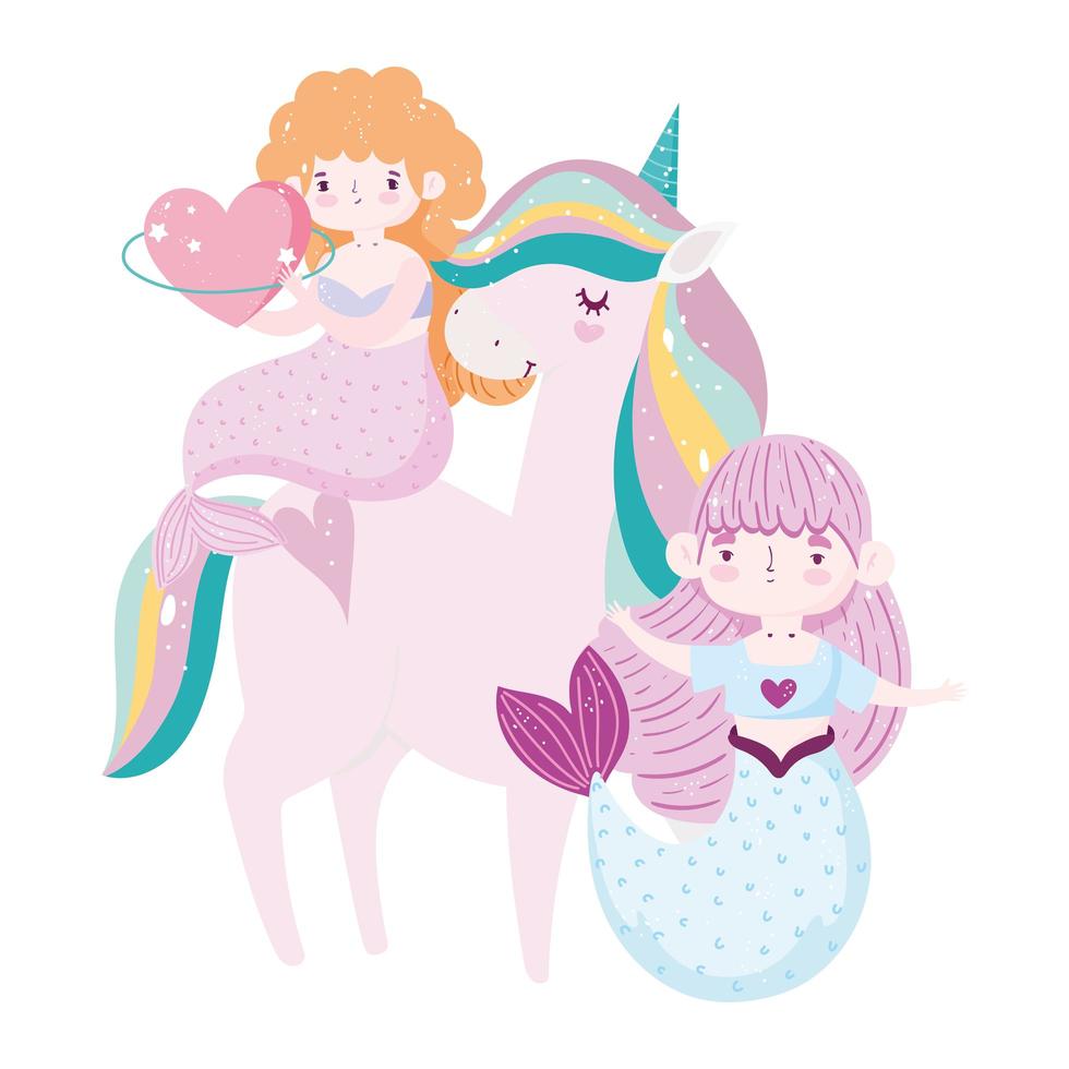 unicorno e sirene carine con il cuore adorano adorabili cartoni animati vettore