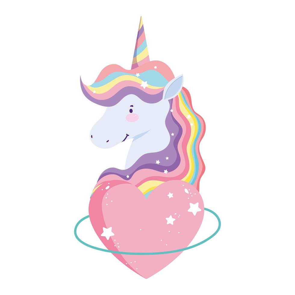 unicorno cartone animato arcobaleno capelli corno amore cuore fantasia vettore