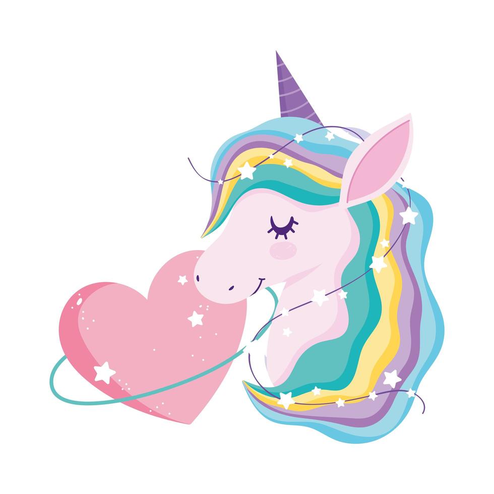 unicorno cartone animato stelle magiche cuore rosa adorabile animale vettore