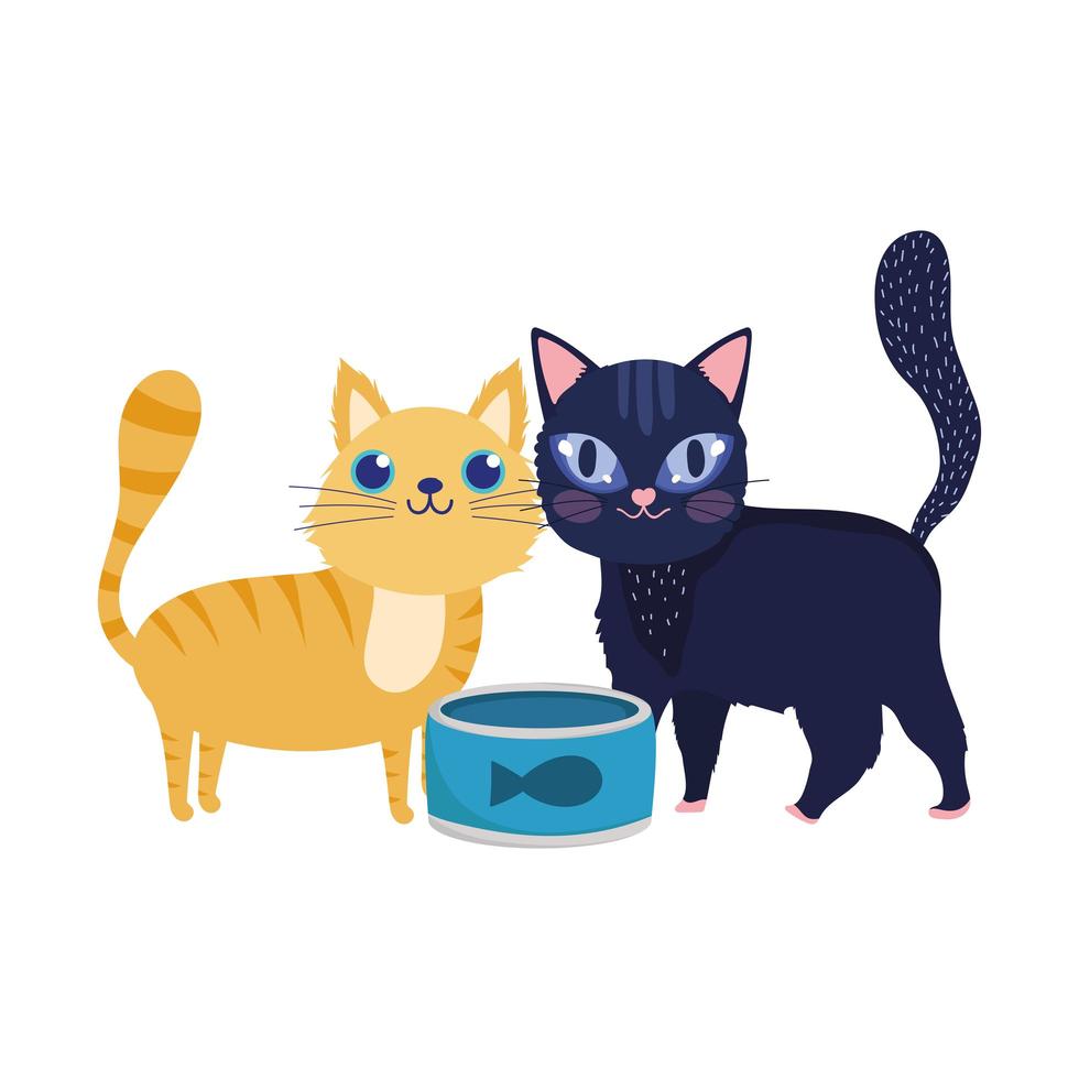 negozio di animali, simpatici gatti con il pesce può alimentare animali domestici dei cartoni animati vettore