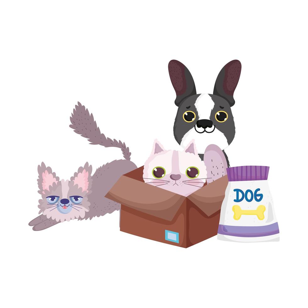 negozio di animali, piccoli gatti e cane con scatola e confezione di cibo animale domestico cartone animato vettore