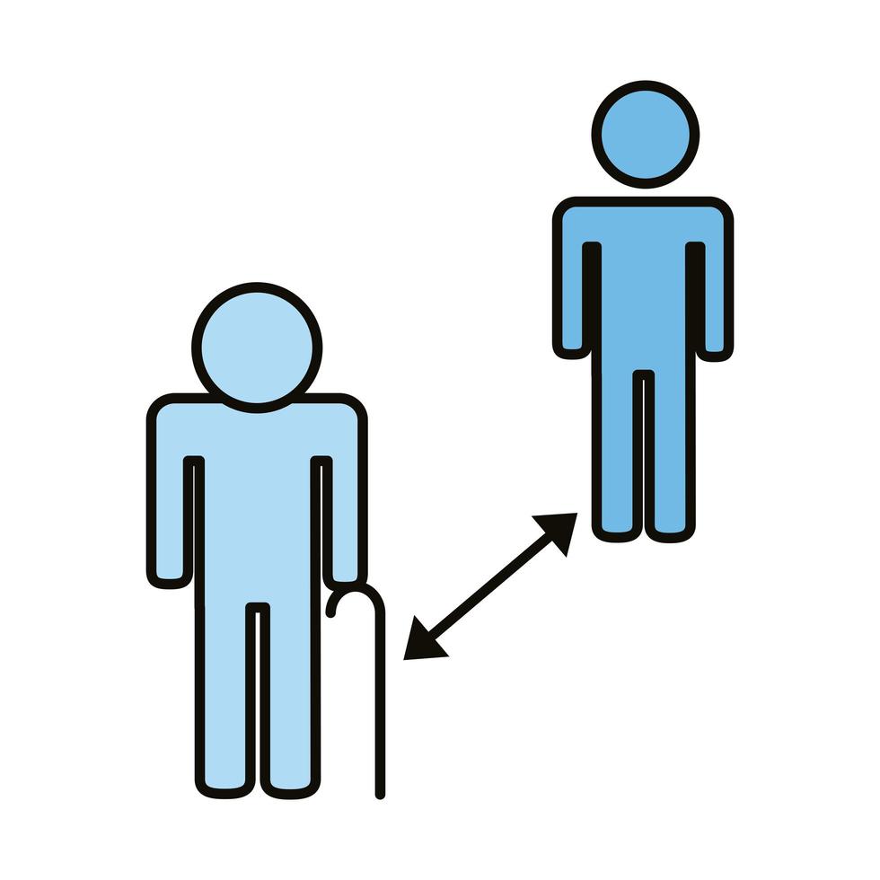 vecchi umani con linea di distanza sociale e icona di stile di riempimento vettore