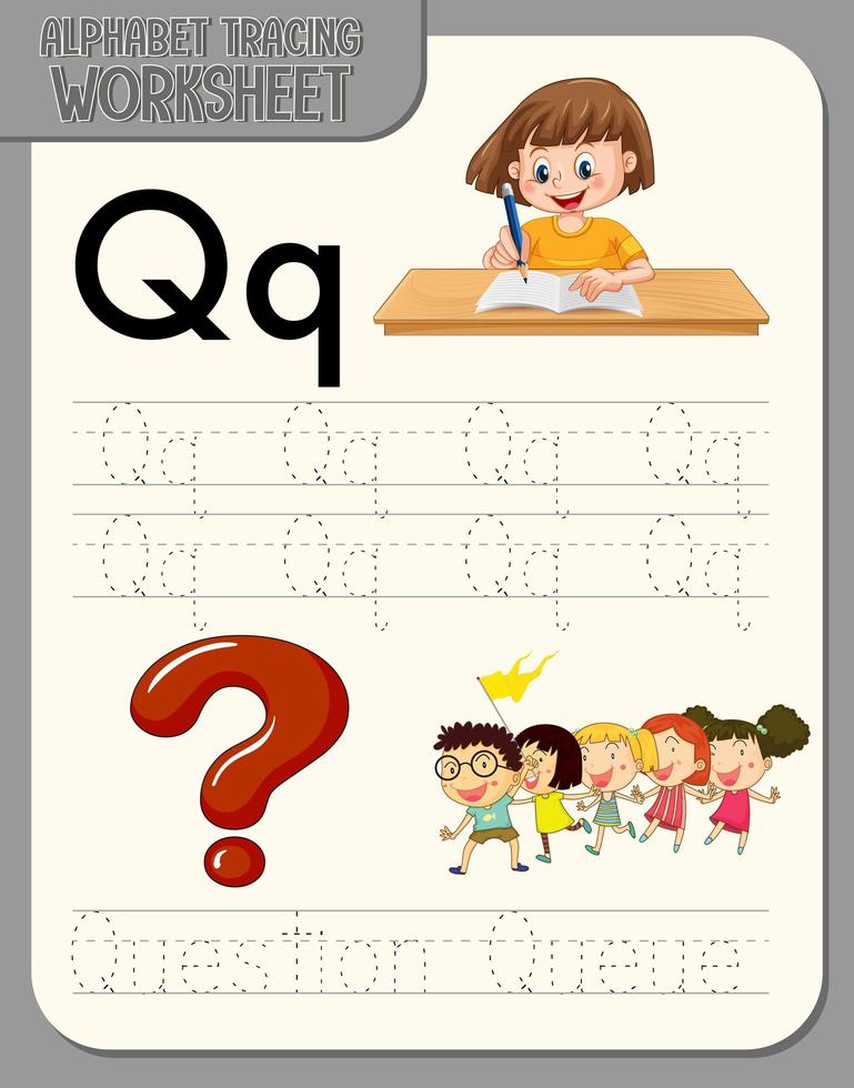 foglio di lavoro per tracciare l'alfabeto con le lettere q e q vettore