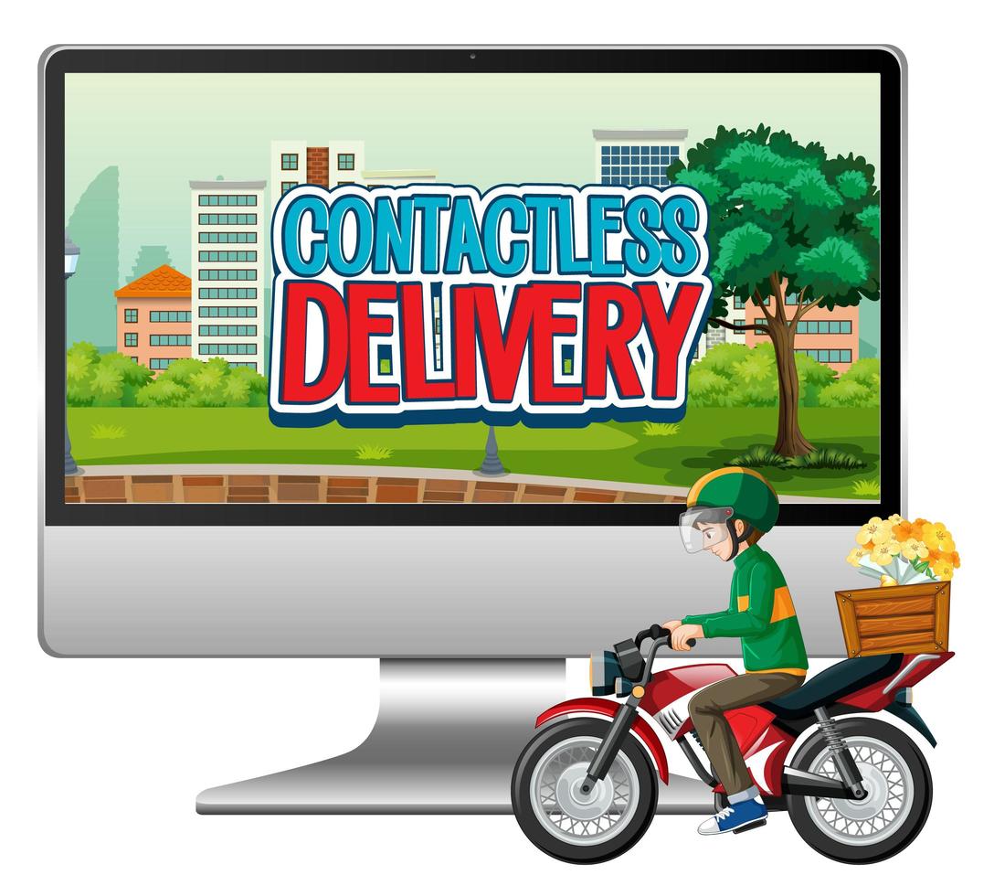 computer con uomo in bicicletta o corriere e testo di consegna senza contatto vettore