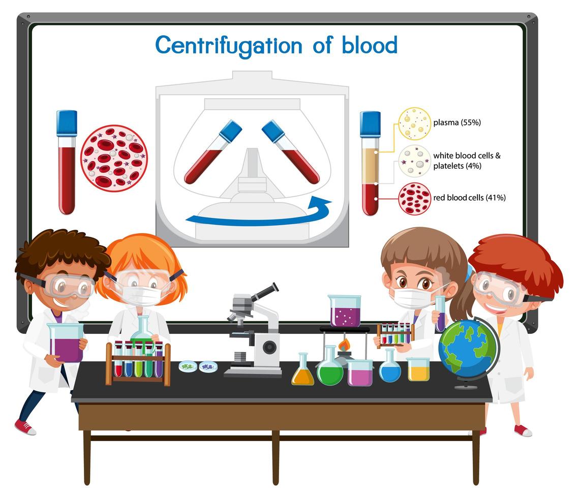 giovane scienziato che spiega la centrifugazione del sangue davanti a una tavola con elementi di laboratorio vettore