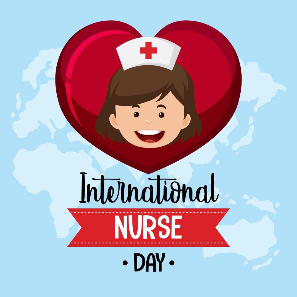 design della giornata internazionale dell'infermiera con un'infermiera carina nel cuore sullo sfondo della mappa del mondo vettore