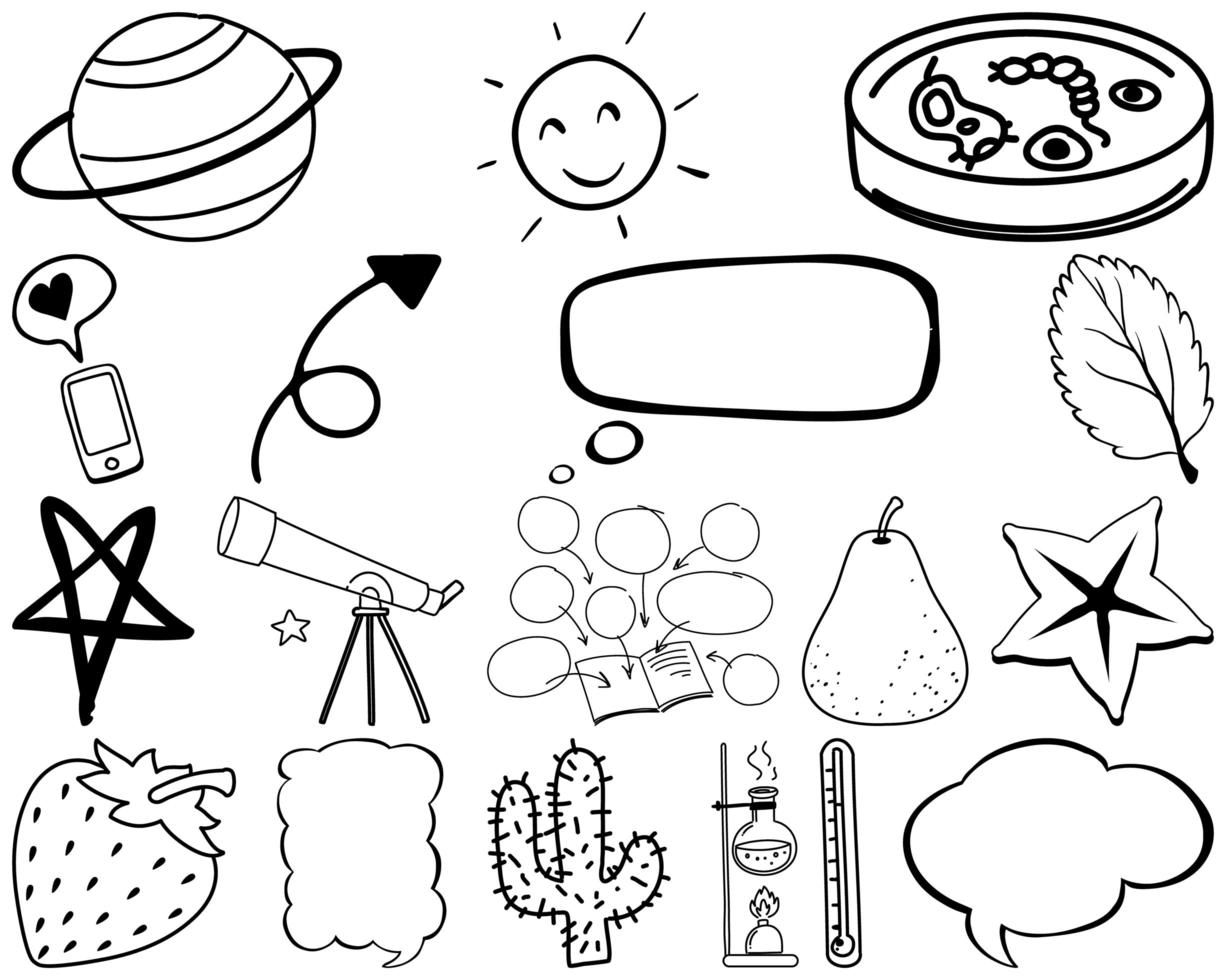 set di elementi e simboli di scienza e natura doodle disegnato a mano vettore