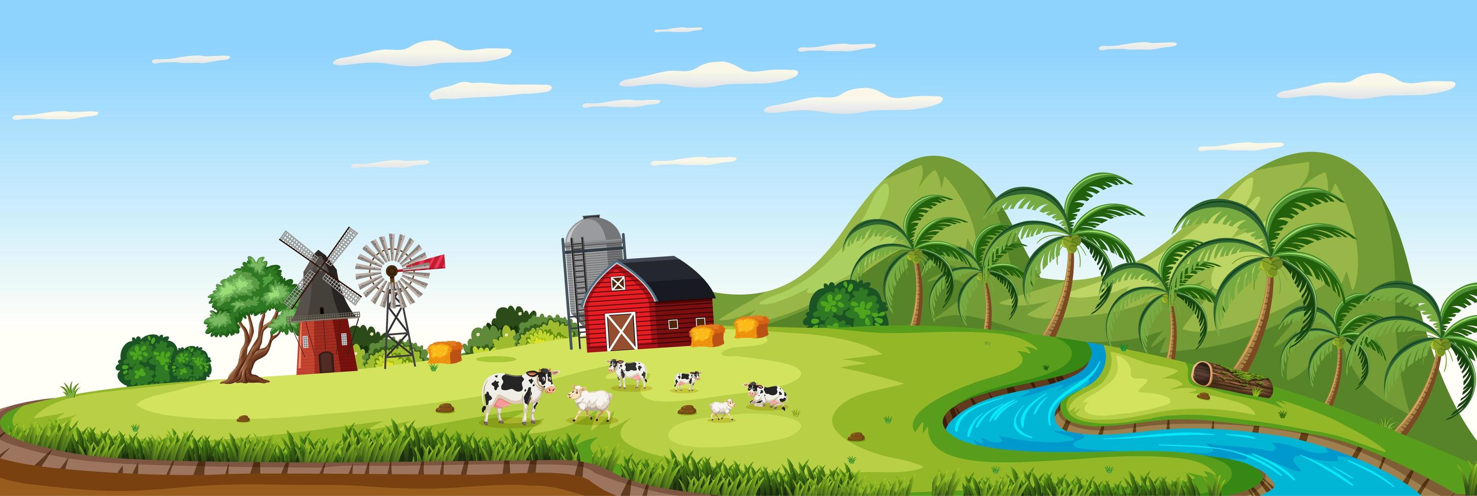 paesaggio agricolo con fattoria degli animali e fienile rosso nella stagione estiva vettore