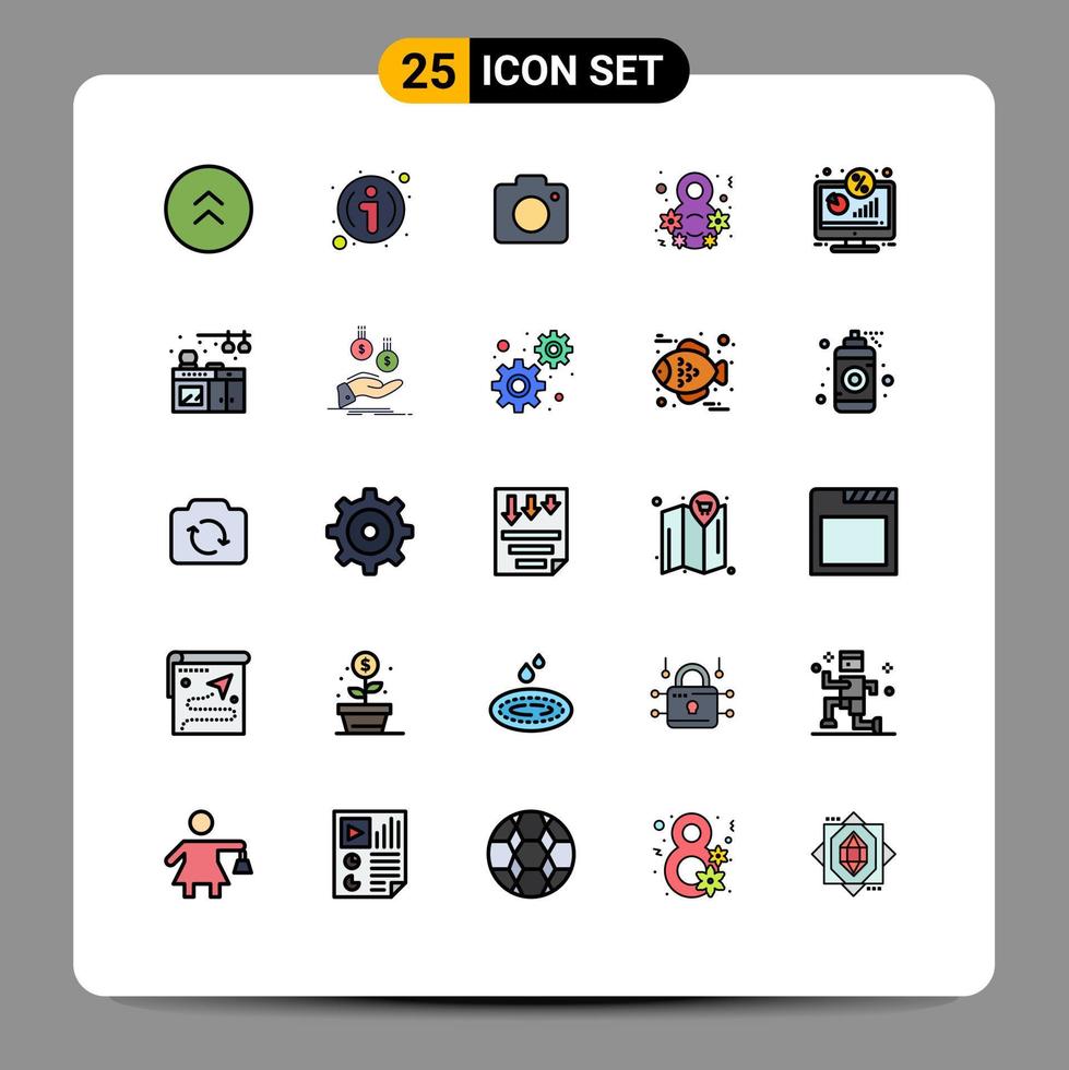mobile interfaccia pieno linea piatto colore impostato di 25 pittogrammi di Schermo donne celebrare telecamera femmina giorno modificabile vettore design elementi