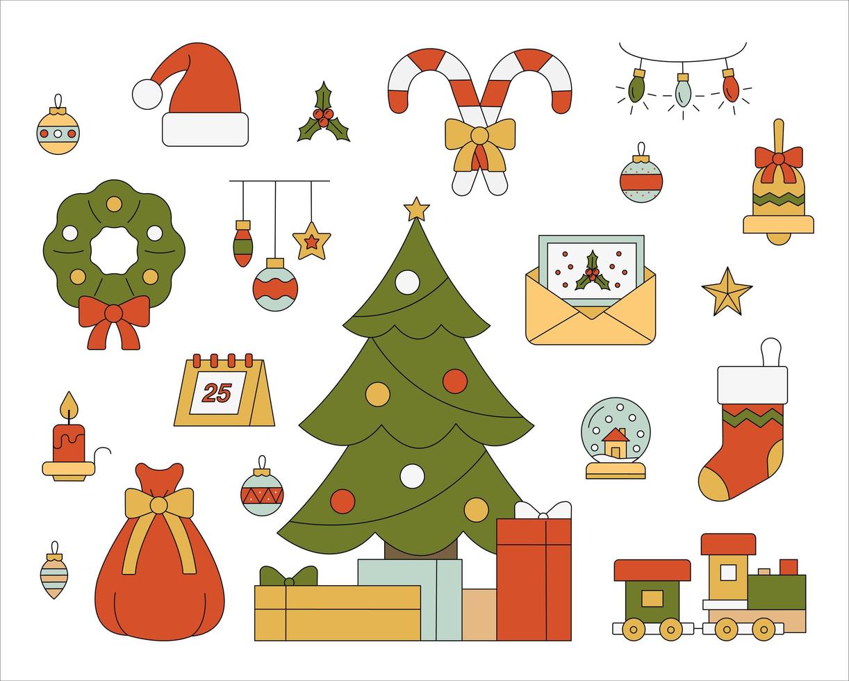 albero di Natale e set di ornamenti natalizi circostanti. vettore