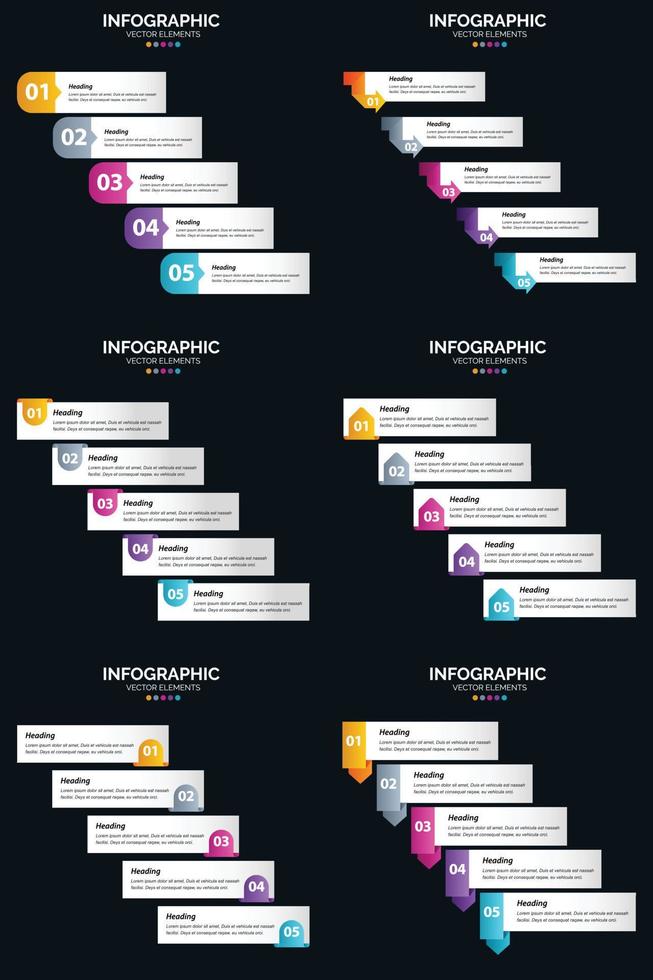 vettore 6 infografica imballare presentazione diapositiva modello 5 passaggi ciclo diagrammi e linea del tempo