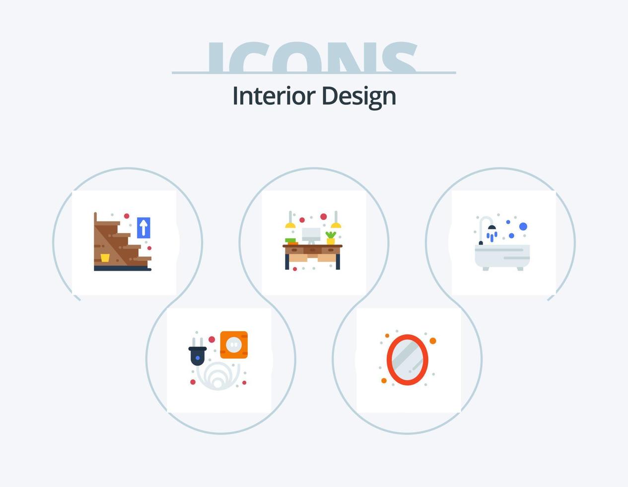 interno design piatto icona imballare 5 icona design. vasca da bagno. luce. scale. tavolo. scrivania vettore