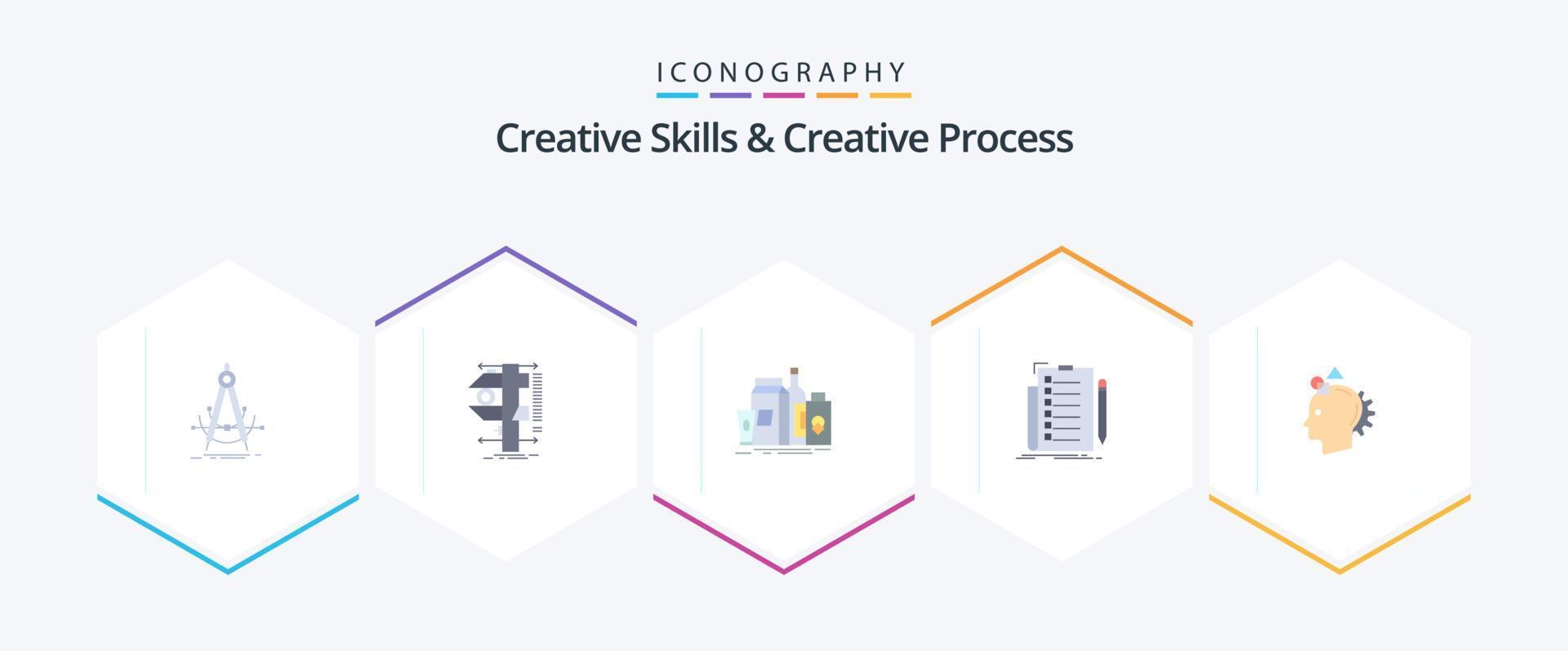 creativo abilità e creativo processi 25 piatto icona imballare Compreso dai un'occhiata. competenza. fisica. bottiglia. marketing vettore