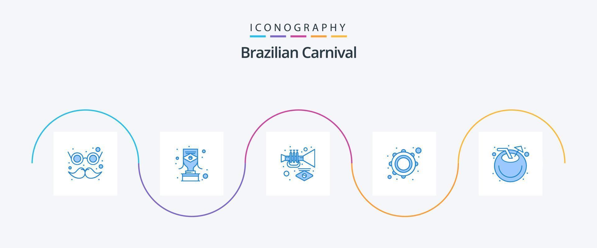 brasiliano carnevale blu 5 icona imballare Compreso Noce di cocco. tamburello. strumento. musicale. strumento vettore