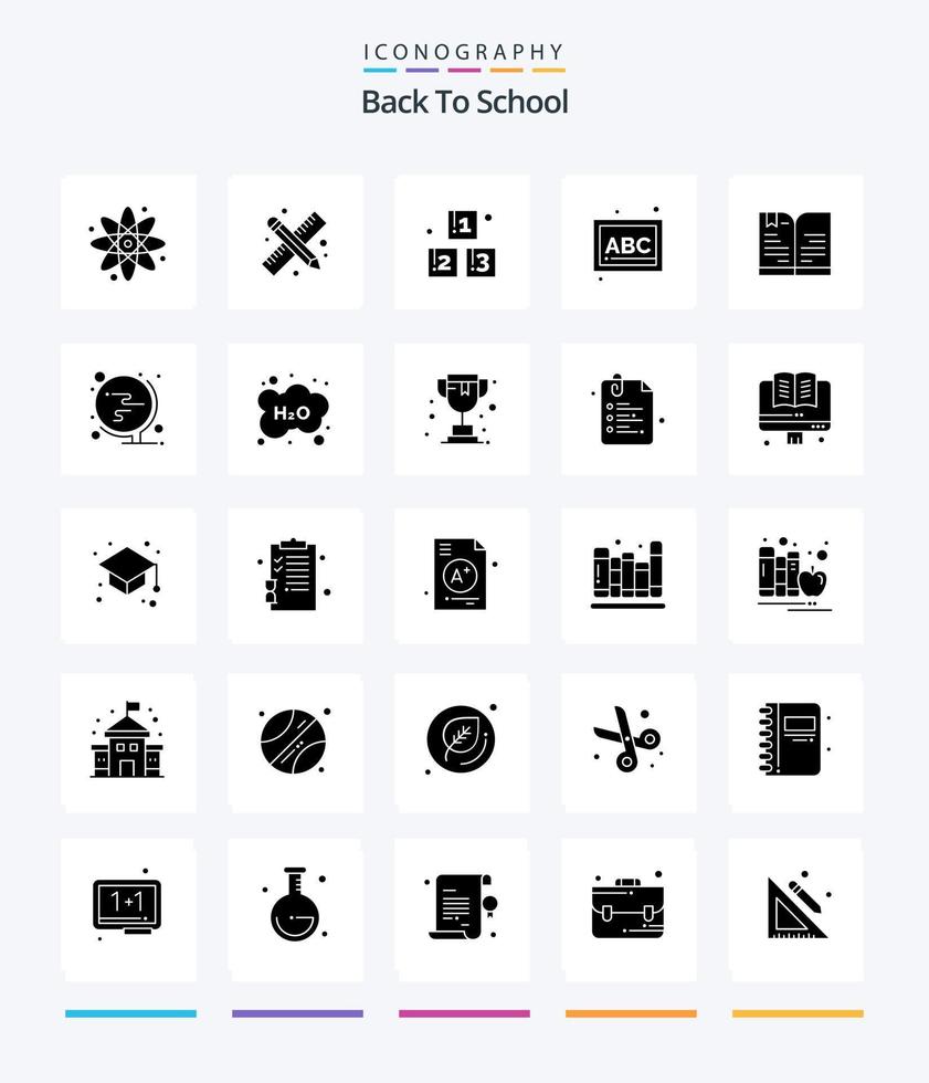 creativo indietro per scuola 25 glifo solido nero icona imballare come come mondo. Nota. abc. formazione scolastica. indietro per scuola vettore
