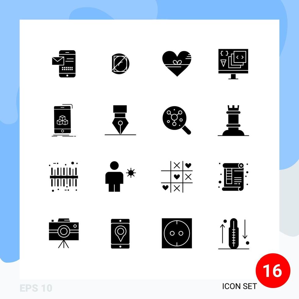 16 tematico vettore solido glifi e modificabile simboli di sviluppo codifica scienza App piace modificabile vettore design elementi