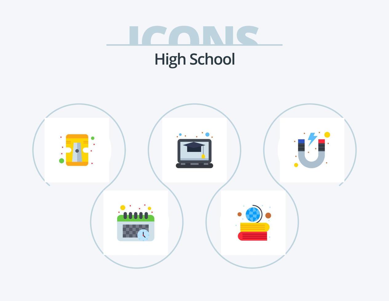 alto scuola piatto icona imballare 5 icona design. studia. magnete. temperamatite. imparare. studia vettore