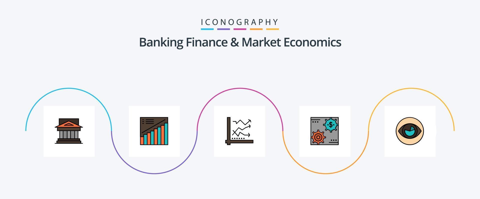 bancario finanza e mercato economia linea pieno piatto 5 icona imballare Compreso grafico. analitico. grafico. analisi. i saldi vettore