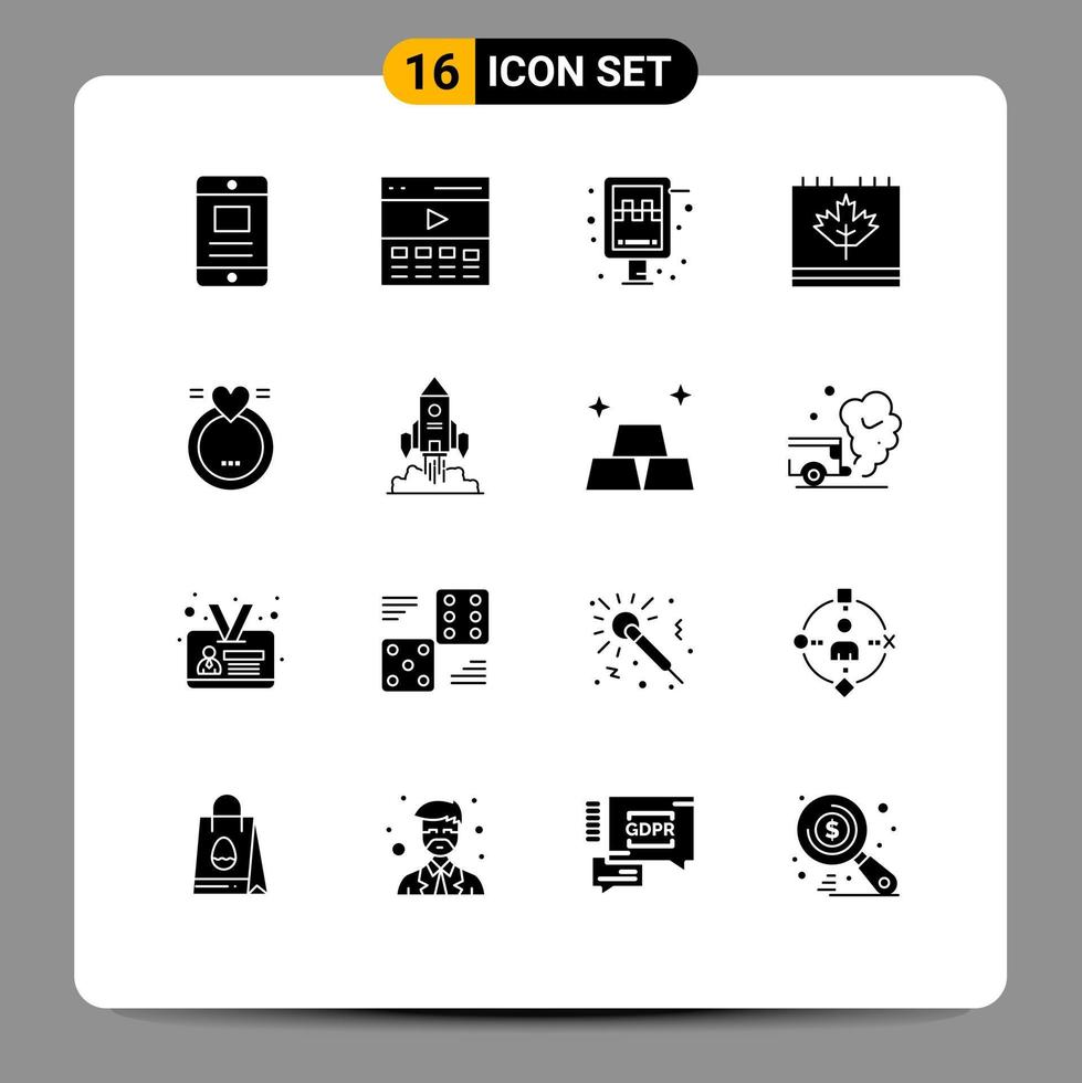 16 utente interfaccia solido glifo imballare di moderno segni e simboli di foglia Canada utente calendario Taxi modificabile vettore design elementi