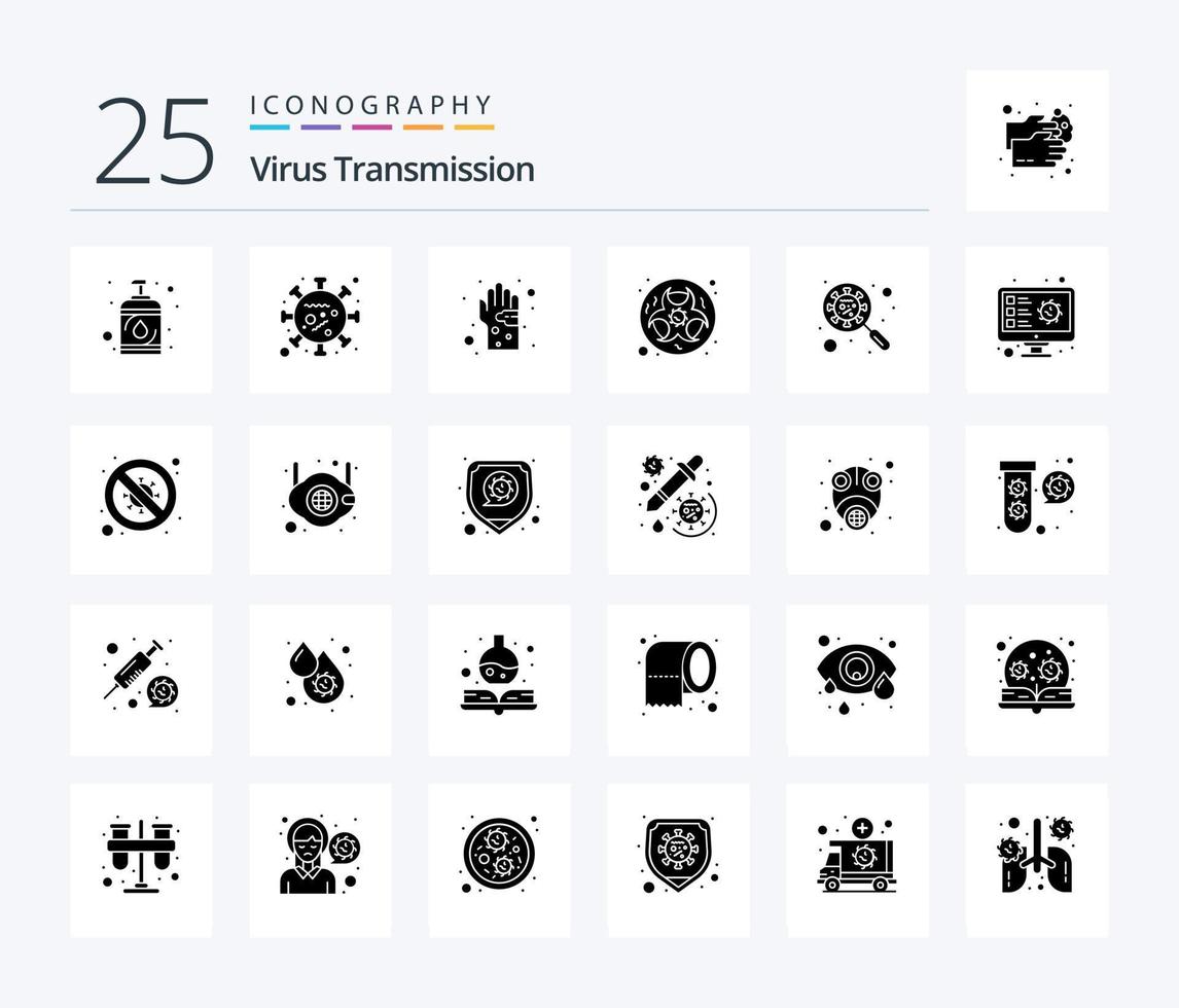 virus trasmissione 25 solido glifo icona imballare Compreso devirus. scienza. batterico. laboratorio. bio vettore