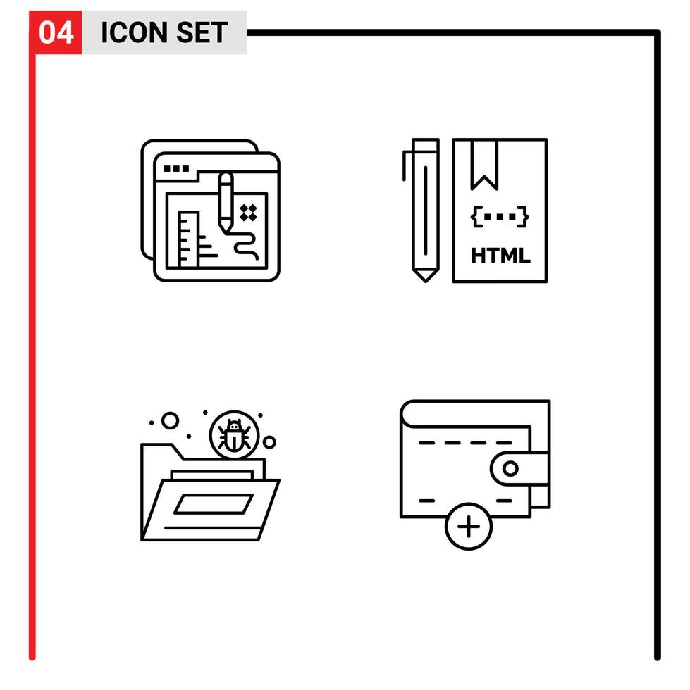 universale icona simboli gruppo di 4 moderno riga piena piatto colori di del browser html formazione scolastica codifica file modificabile vettore design elementi