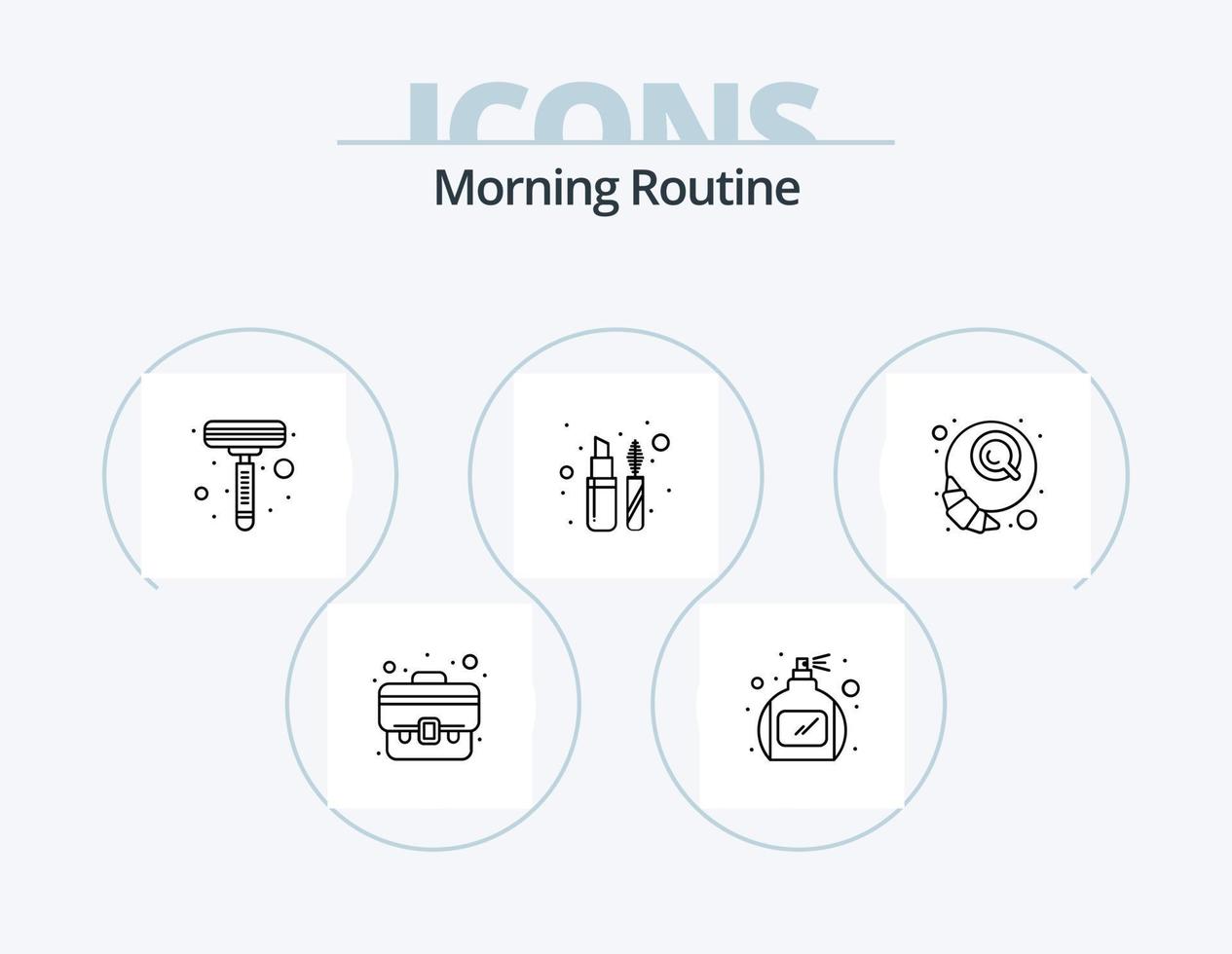 mattina routine linea icona imballare 5 icona design. . tazza. punti. torta. Stirare In piedi vettore
