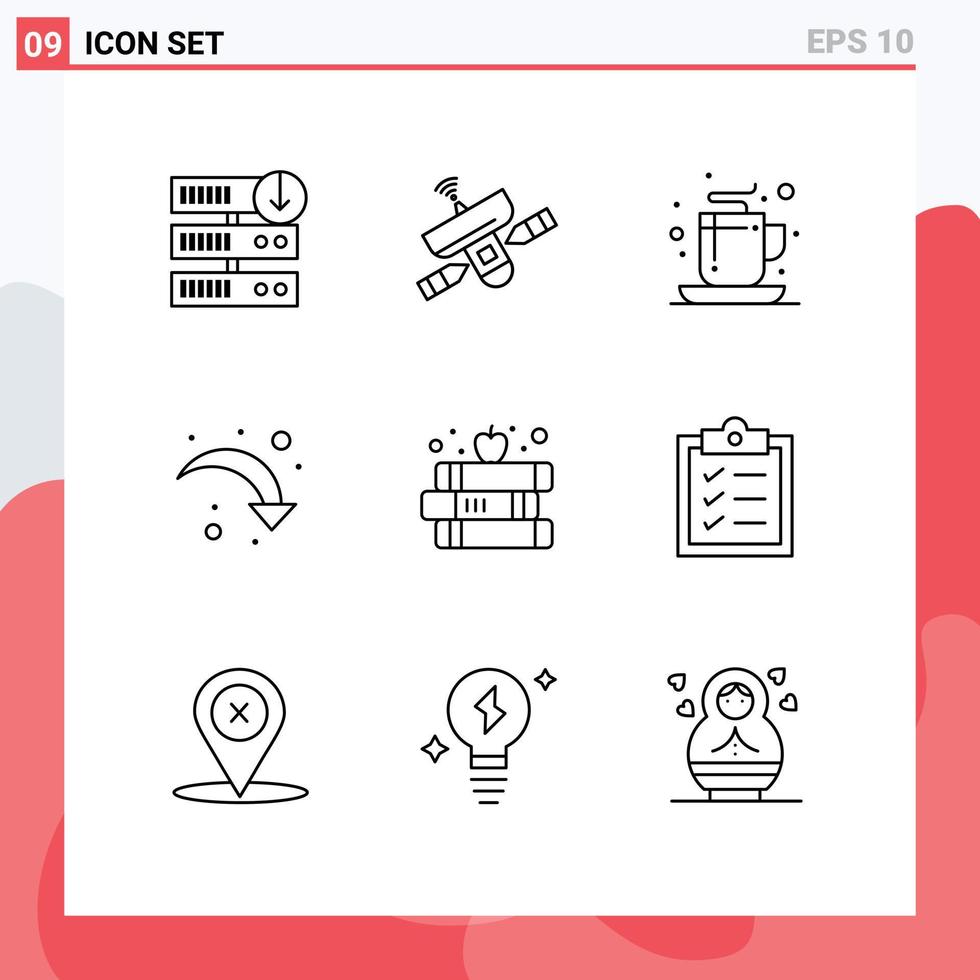 mobile interfaccia schema impostato di 9 pittogrammi di libro giusto freccia segnale ricaricare tè modificabile vettore design elementi