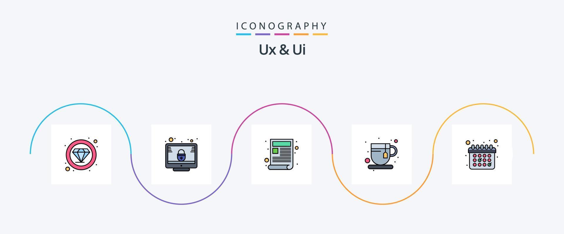 UX e ui linea pieno piatto 5 icona imballare Compreso calendario. tè volta. contenuto. tè rompere. rompere tempo vettore