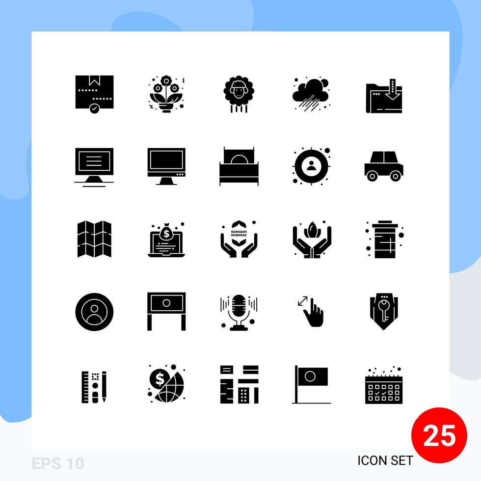 mobile interfaccia solido glifo impostato di 25 pittogrammi di calcolo cartella Pasqua tempo metereologico nube modificabile vettore design elementi