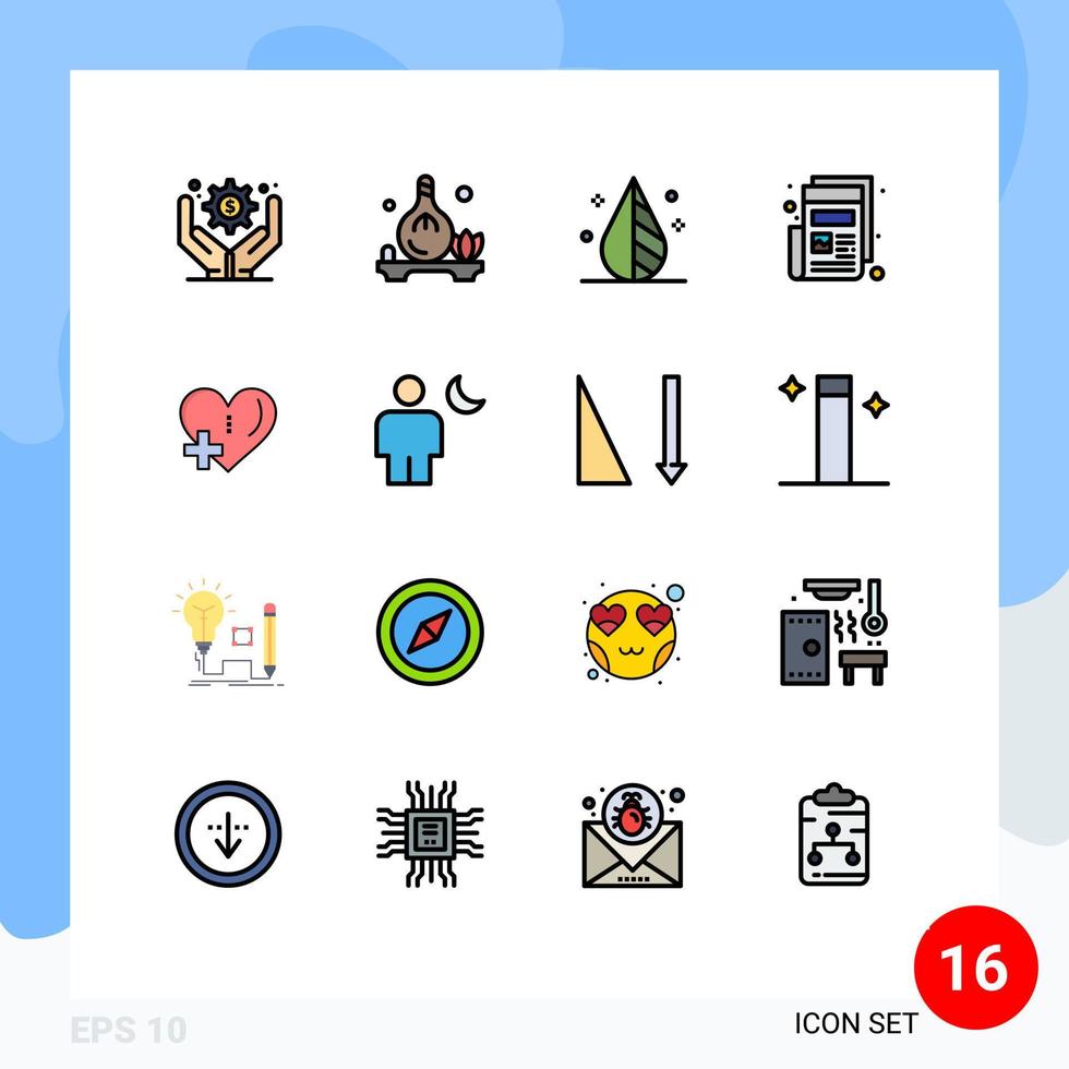 mobile interfaccia piatto colore pieno linea impostato di 16 pittogrammi di Inserisci cuore design Stampa giornale modificabile creativo vettore design elementi