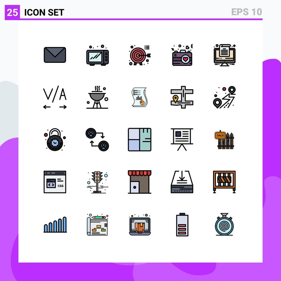 25 utente interfaccia pieno linea piatto colore imballare di moderno segni e simboli di ufficio computer obiettivi romanza cuore modificabile vettore design elementi