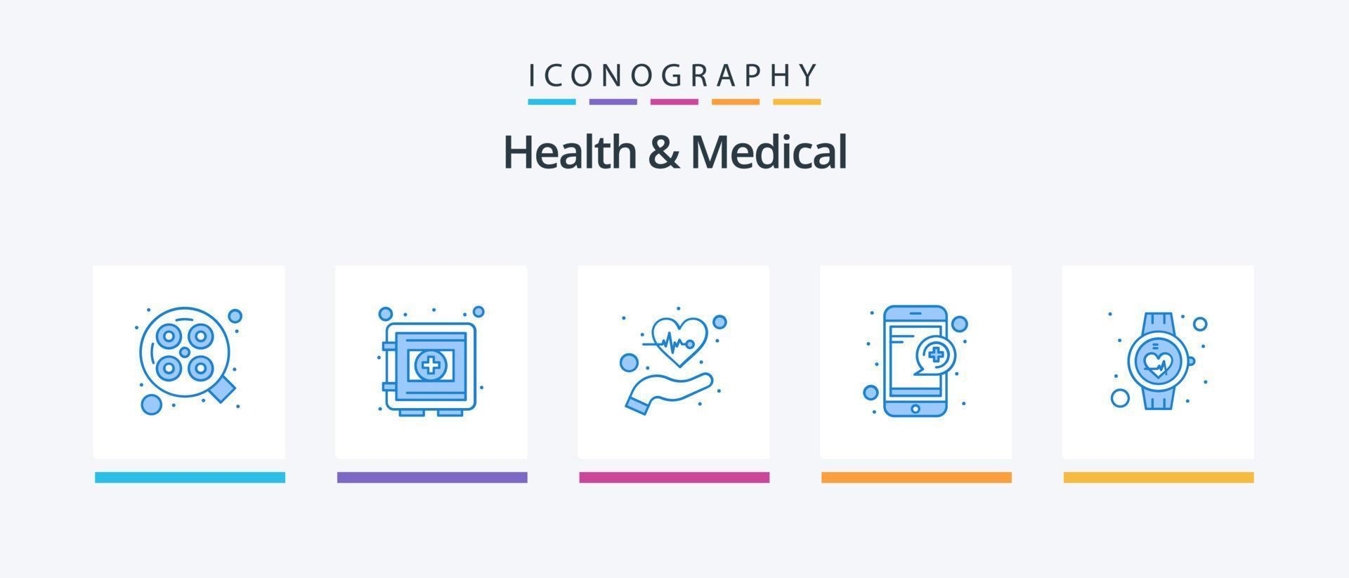 Salute e medico blu 5 icona imballare Compreso servizio. in linea. sicurezza scatola. medico. vita. creativo icone design vettore