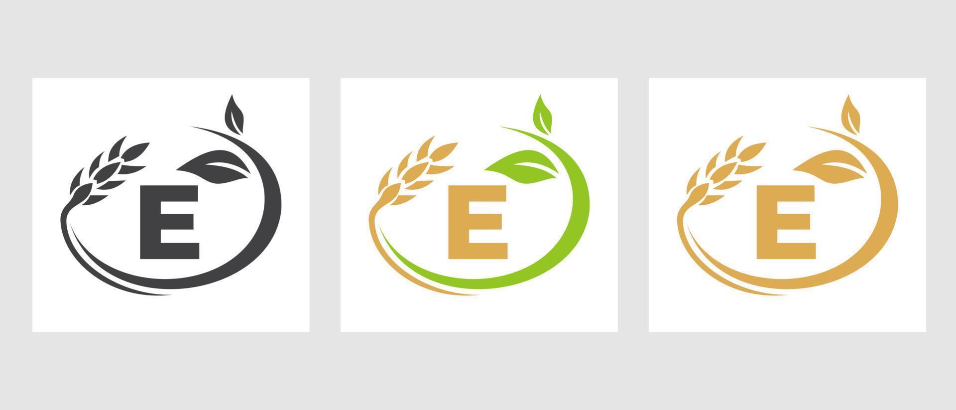 lettera e agricoltura logo. agroalimentare, eco-fattoria design modello vettore