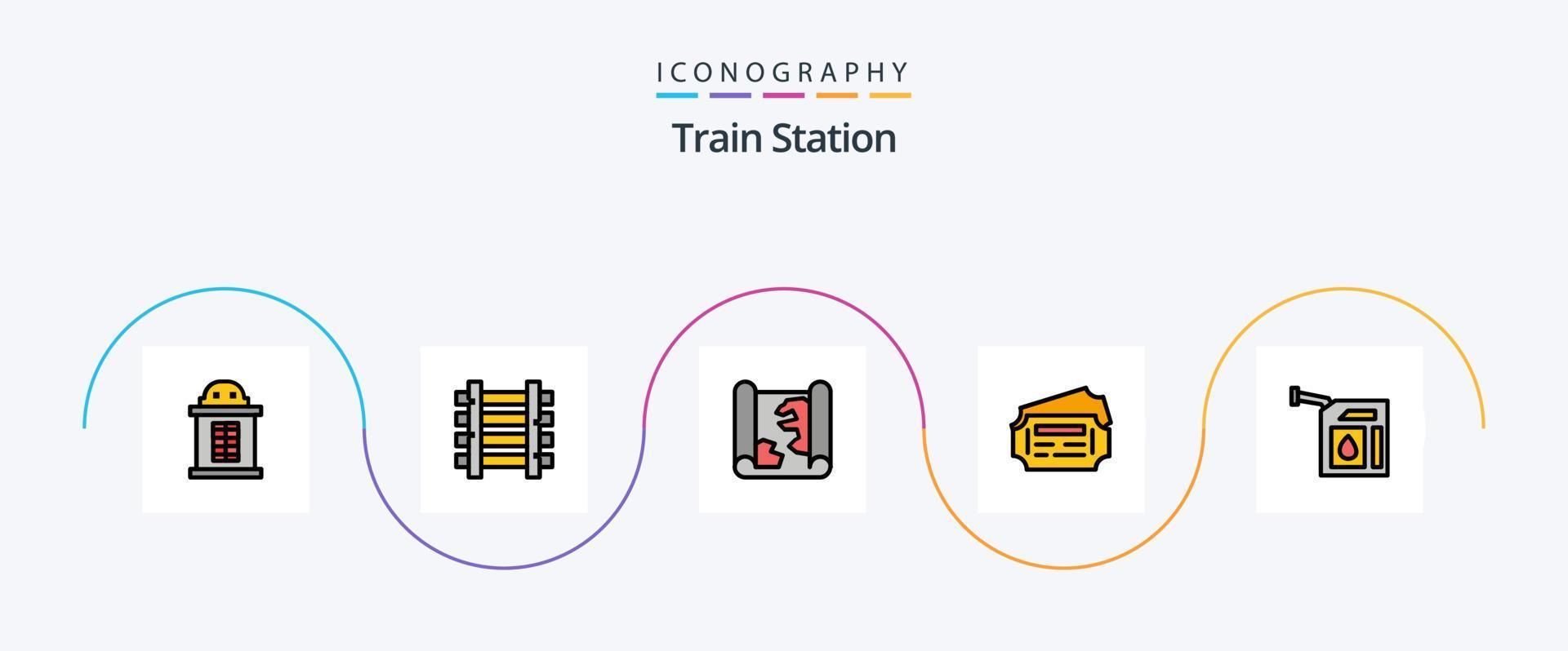 treno stazione linea pieno piatto 5 icona imballare Compreso stazione. gas. carta geografica. macchina. biglietto vettore