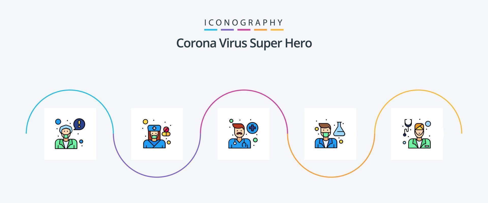 corona virus super eroe linea pieno piatto 5 icona imballare Compreso barba. scienziato. medico. professoressa. laboratorio vettore