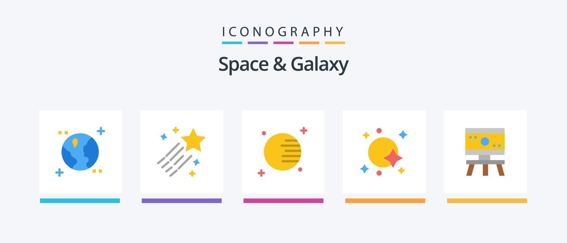 spazio e galassia piatto 5 icona imballare Compreso scienza. atomo. pianeta. navicella spaziale. satellitare. creativo icone design vettore