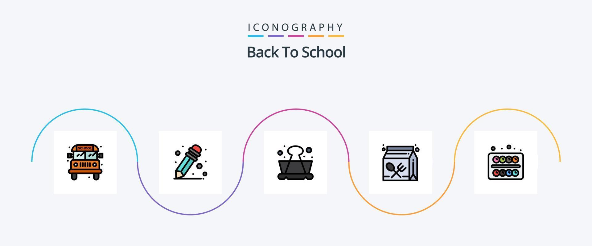 indietro per scuola linea pieno piatto 5 icona imballare Compreso alunno. la pittura. scuola. ufficio. apprendimento vettore