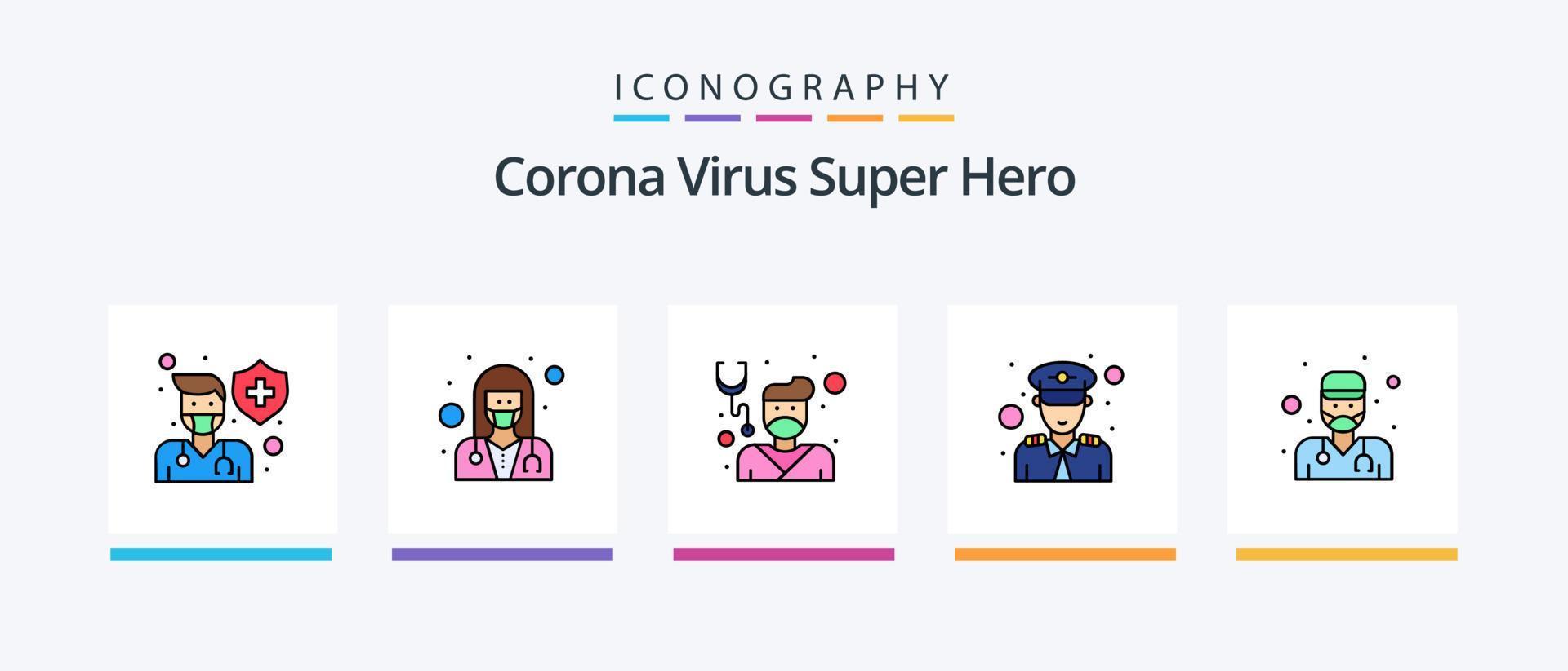 corona virus super eroe linea pieno 5 icona imballare Compreso militare. esercito. farmacista. maschio. scienziato. creativo icone design vettore