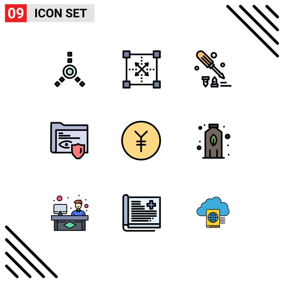 universale icona simboli gruppo di 9 moderno riga piena piatto colori di yen moneta costruzione sorveglianza cartella modificabile vettore design elementi